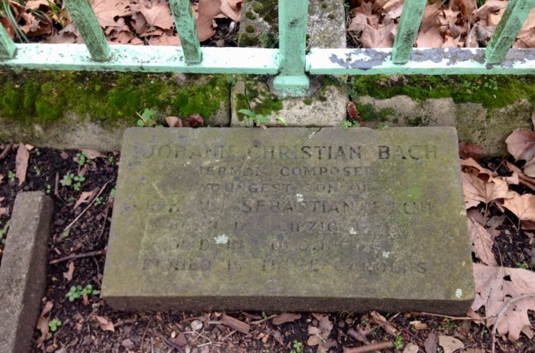 Gravestone in St Pancras Old Church yard marked Johann Christian Bach German composer by Pru.mitchell (licensed under cc-by-sa/4.0)