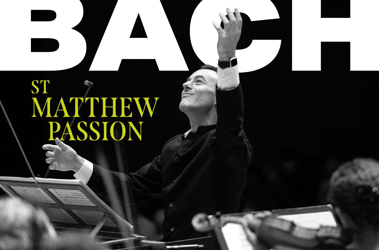Jonathan Cohen, a white man in his 40s, conducting with the words BACH: ST MATTHEW PASSION on a black background.