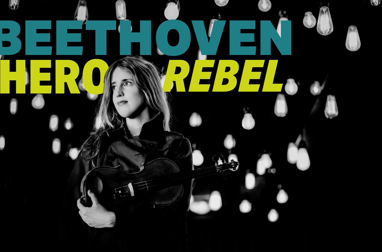 The violinist Vilde Frang, a white woman in her 30s, on a background of lightbulbs with the words BEETHOVEN HERO REBEL