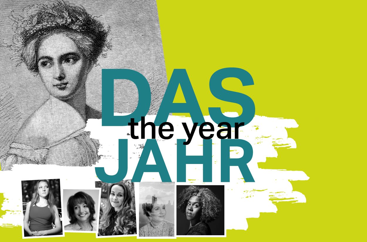A oen and ink portrait of composer Fanny Mendelssohn, a woman in her 30s, alongside five photographs of women composers and performers with the words DAS JAHR/THE YEAR.
