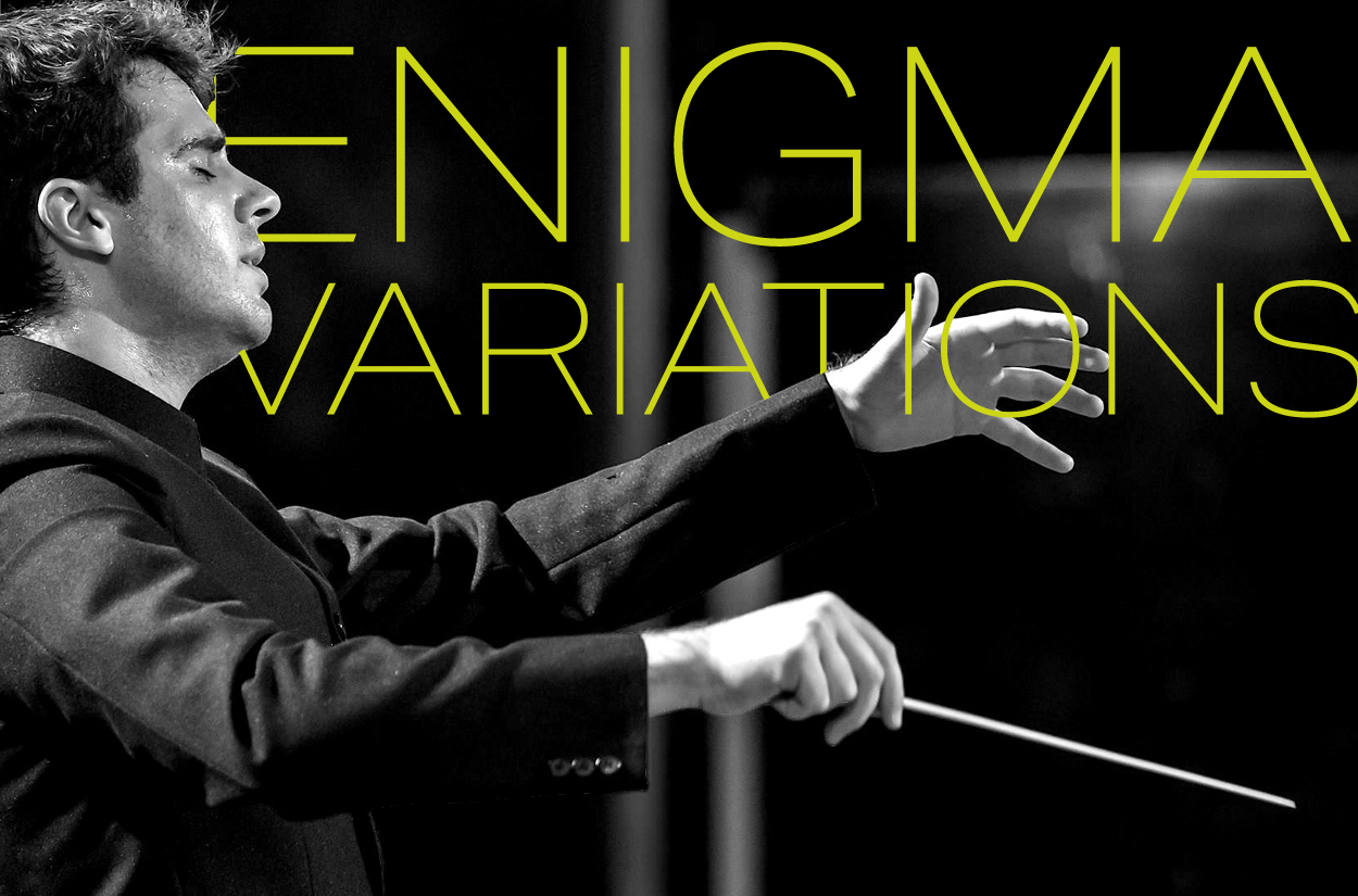 Dinis Sousa, a Portuguese man in his 30s, conducting with the words ENIGMA VARIATIONS in the background.
