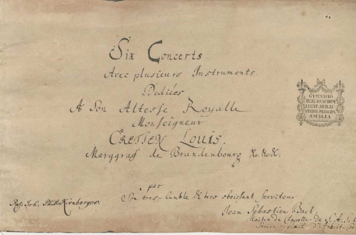 the handwritten title page of JS Bach's Brandenburg Concertos manuscript.
